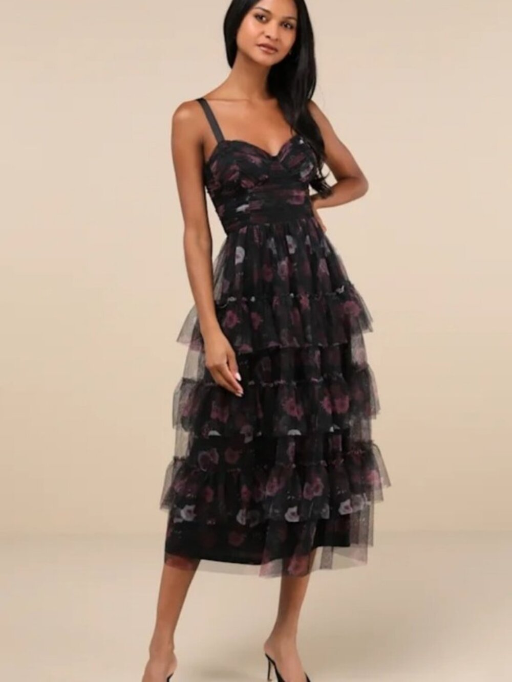 Lulus Sentimental Charisma Black Floral Mesh Tiered Midi Dress New Medium - Picture 1 of 12